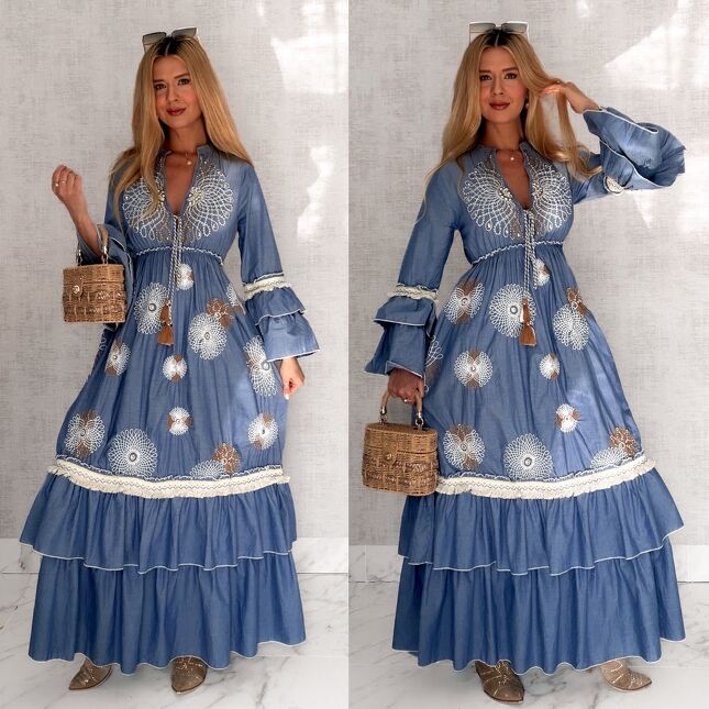 MAXI sukienka w stylu boho z białymi haftami 100% bawełna - S167