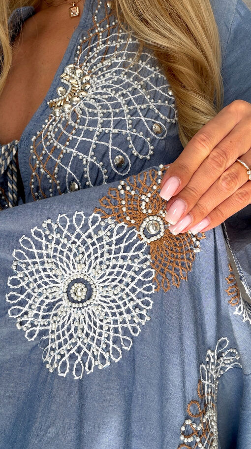 MAXI sukienka w stylu boho z białymi haftami 100% bawełna - S167