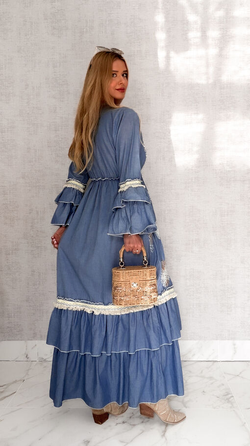 MAXI sukienka w stylu boho z białymi haftami 100% bawełna - S167