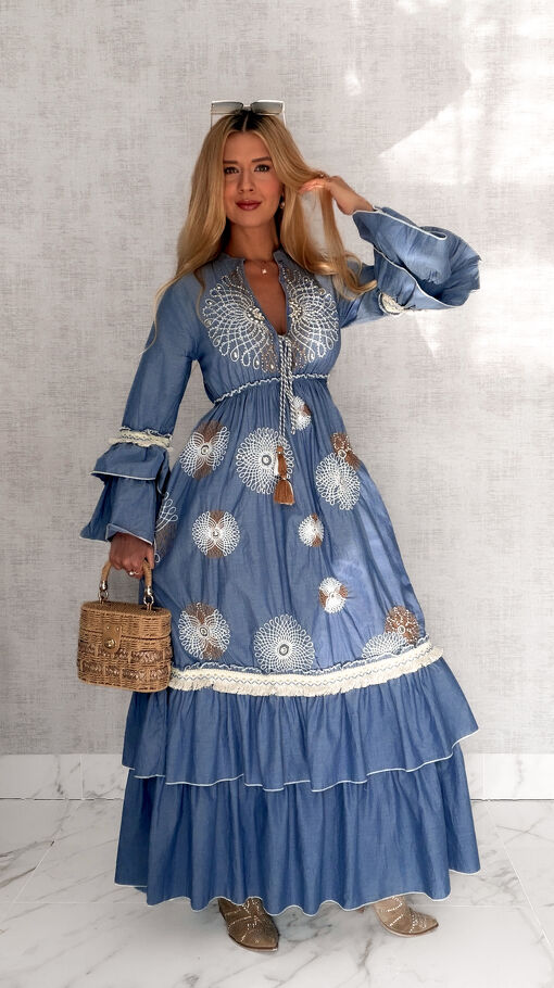 MAXI sukienka w stylu boho z białymi haftami 100% bawełna - S167