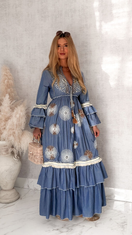 MAXI sukienka w stylu boho z białymi haftami 100% bawełna - S167