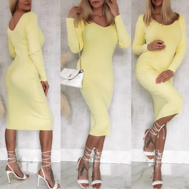 Klasyczna dzianinowa sukienka w cytrynowym kolorze ONE SIZE wiskoza - R937A