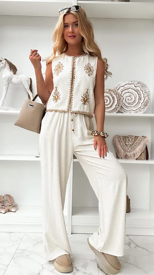 Elegancki komplet BOHO z lnem w kolorze ecru ONE SIZE - P871
