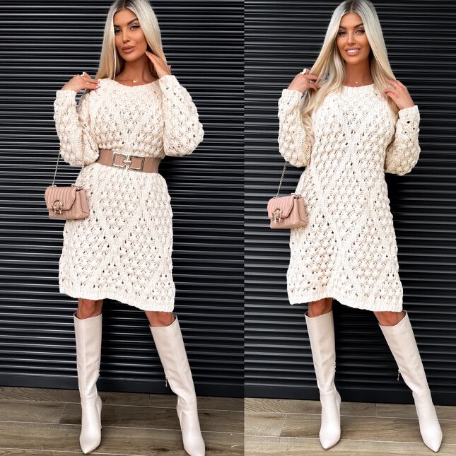 Sukienka sweterkowa ECRU w ażurowym stylu ONE SIZE - S371