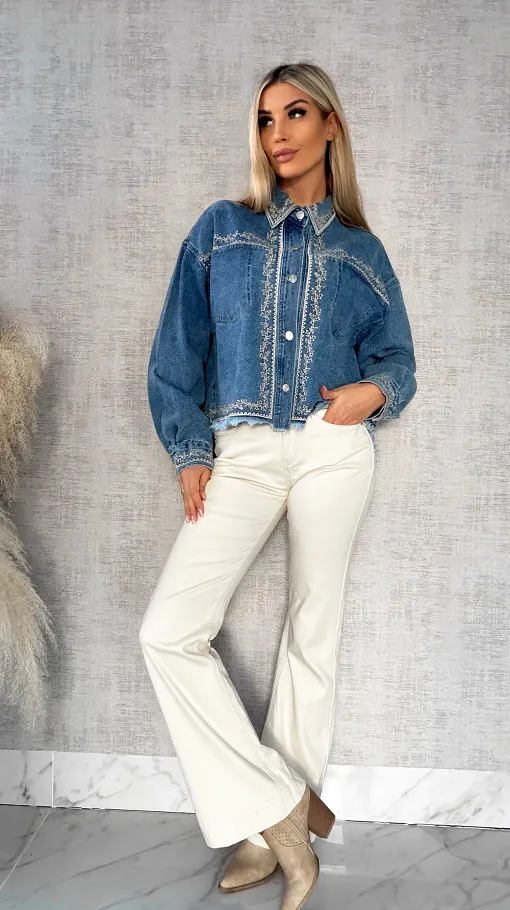 Idealna kurtka jeansowa na wiosnę z oryginalnymi haftami ONE SIZE - R444