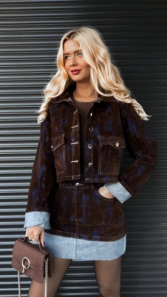 Modowy komplet jeansowy pokryty zamszem KATANA + spódnica - R253