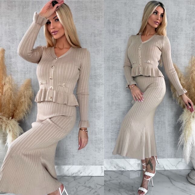 Elegancki dzianinowy komplet bluzka + midi spódnica ONE SIZE beżowy - R439