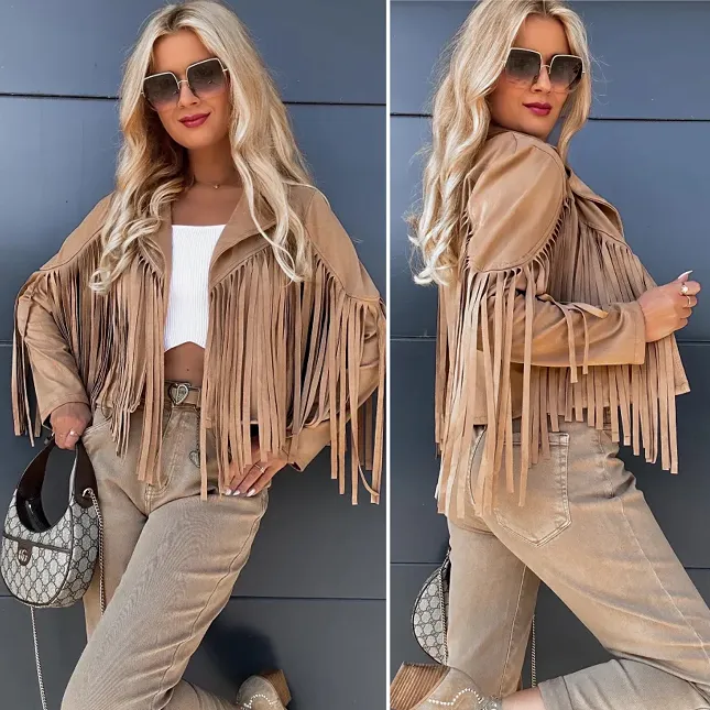 Zamszowa kurtka przejściowa z frędzlami ONE SIZE beżowa - P983C