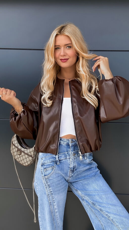 Czekoladowa kurtka przejściowa BOMBERKA z eko skóry ONE SIZE - R010