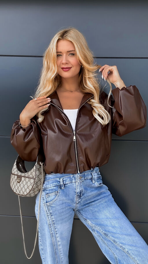 Czekoladowa kurtka przejściowa BOMBERKA z eko skóry ONE SIZE - R010