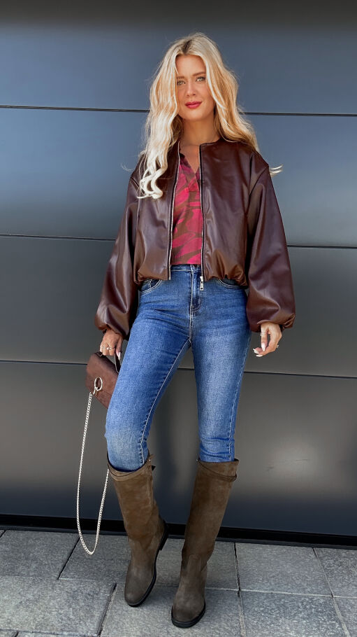 Czekoladowa kurtka przejściowa BOMBERKA z eko skóry ONE SIZE - R010