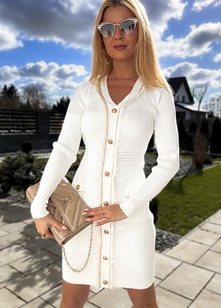 Biała elegancka sukienka ze złotymi dodatkami - L820