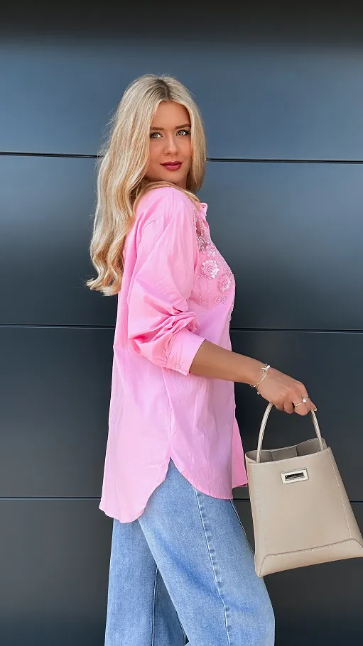 Różowa koszulowa z transparentnym i zdobionym dekoltem ONE SIZE - P958A