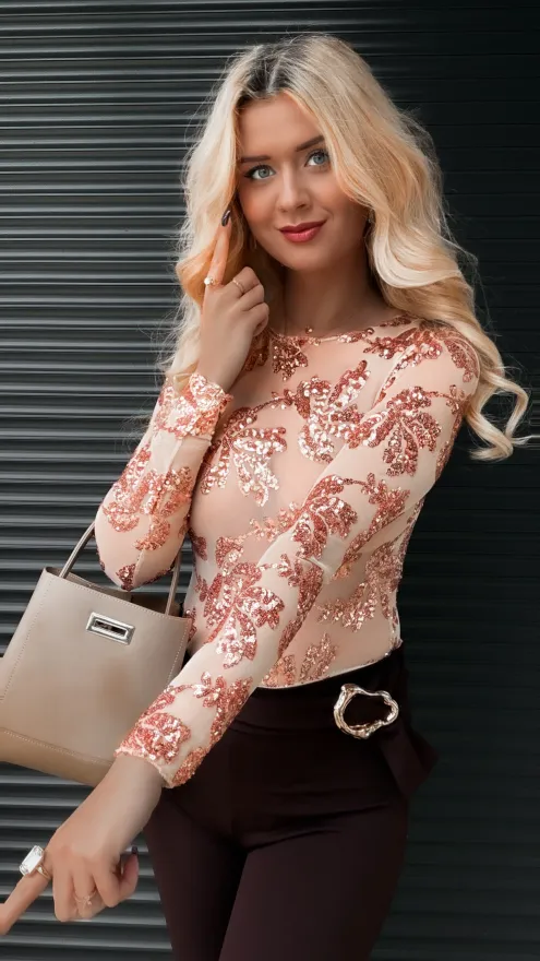 Siateczkowa bluzka BODY w cekiny one size NA ROZM XS beż - R400B