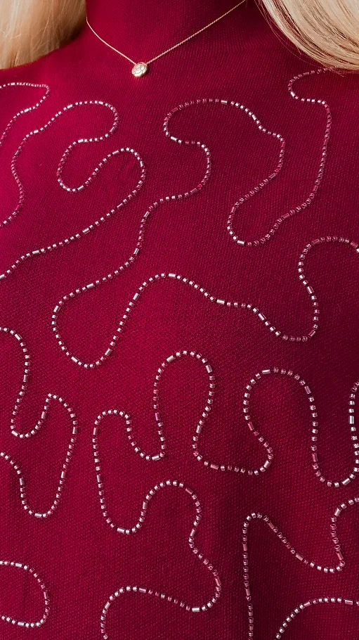 Luźny sweter półgolf w kolorze BORDOWYM z koralikami - R329