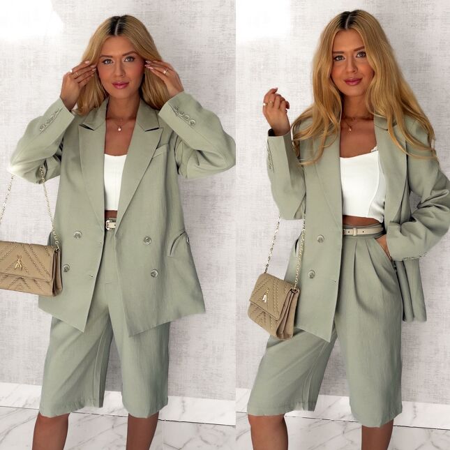 Elegancki LNIANY komplet marynarka + spodnie bermudy KHAKI - S063A