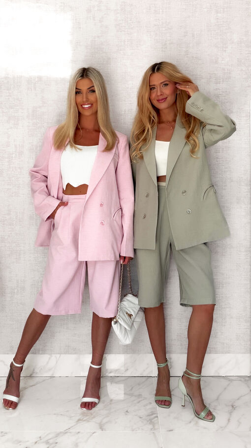 Elegancki LNIANY komplet marynarka + spodnie bermudy KHAKI - S063A