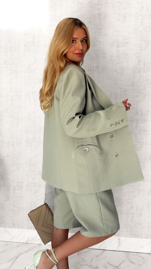 Elegancki LNIANY komplet marynarka + spodnie bermudy KHAKI - S063A