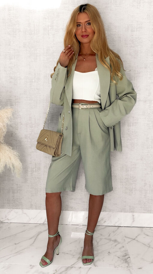 Elegancki LNIANY komplet marynarka + spodnie bermudy KHAKI - S063A