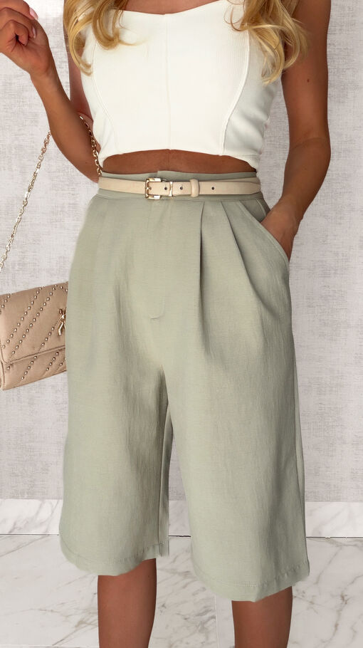 Elegancki LNIANY komplet marynarka + spodnie bermudy KHAKI - S063A