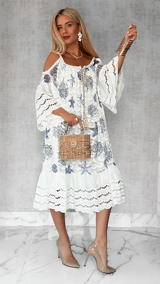 Luźna sukienka BOHO w niebieskie morskie wzory ONE SIZE - P704