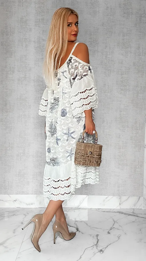 Luźna sukienka BOHO w niebieskie morskie wzory ONE SIZE - P704