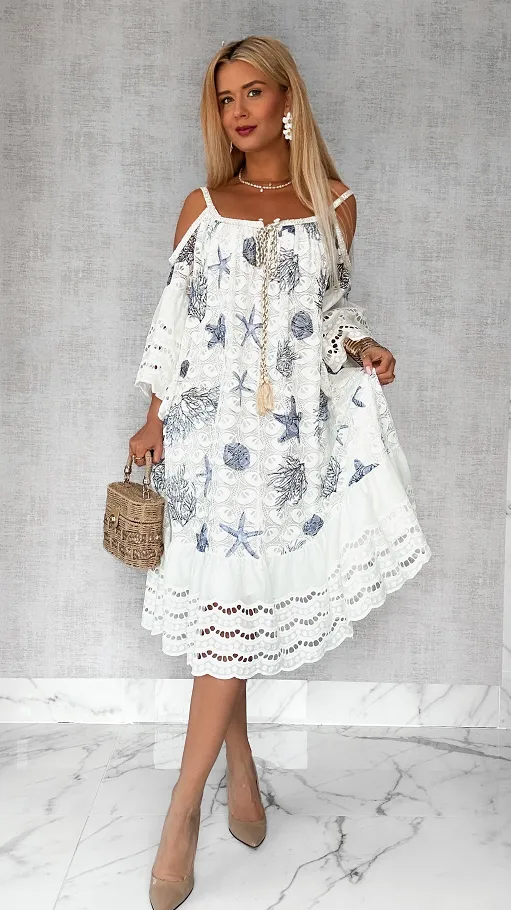 Luźna sukienka BOHO w niebieskie morskie wzory ONE SIZE - P704