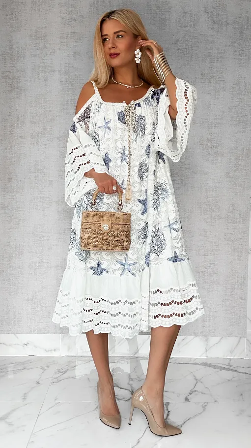 Luźna sukienka BOHO w niebieskie morskie wzory ONE SIZE - P704