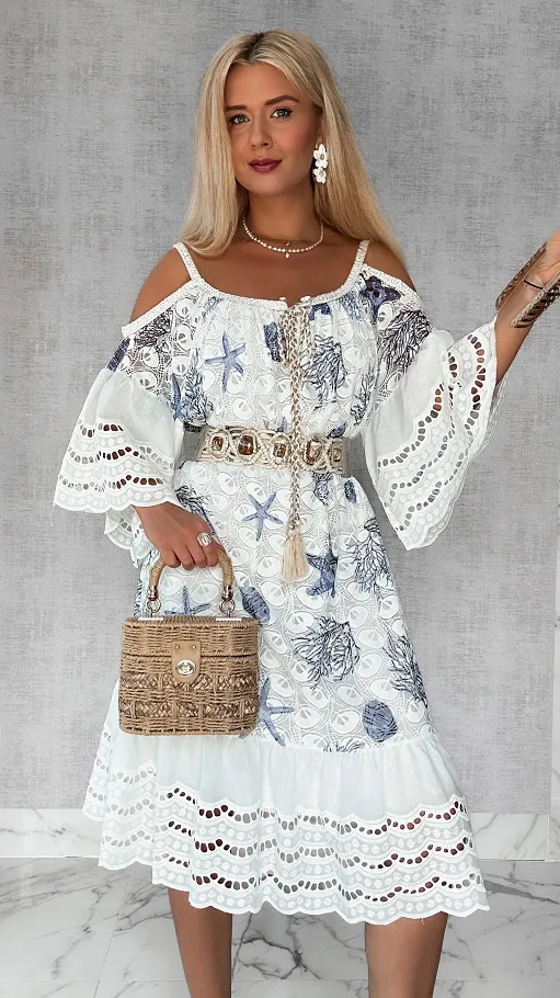 Luźna sukienka BOHO w niebieskie morskie wzory ONE SIZE - P704