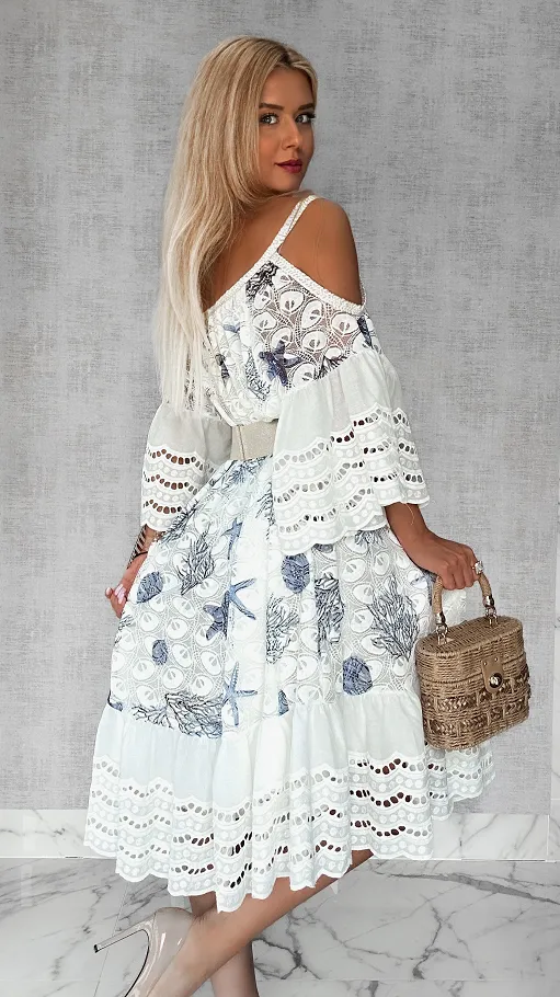 Luźna sukienka BOHO w niebieskie morskie wzory ONE SIZE - P704