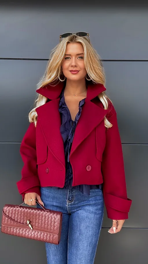 Modny pudełkowy płaszcz BORDO one size - R014A