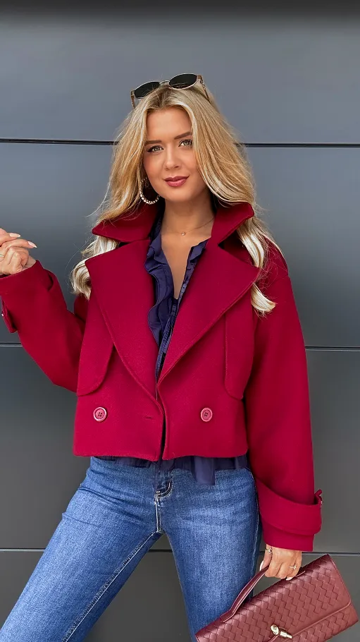 Modny pudełkowy płaszcz BORDO one size - R014A