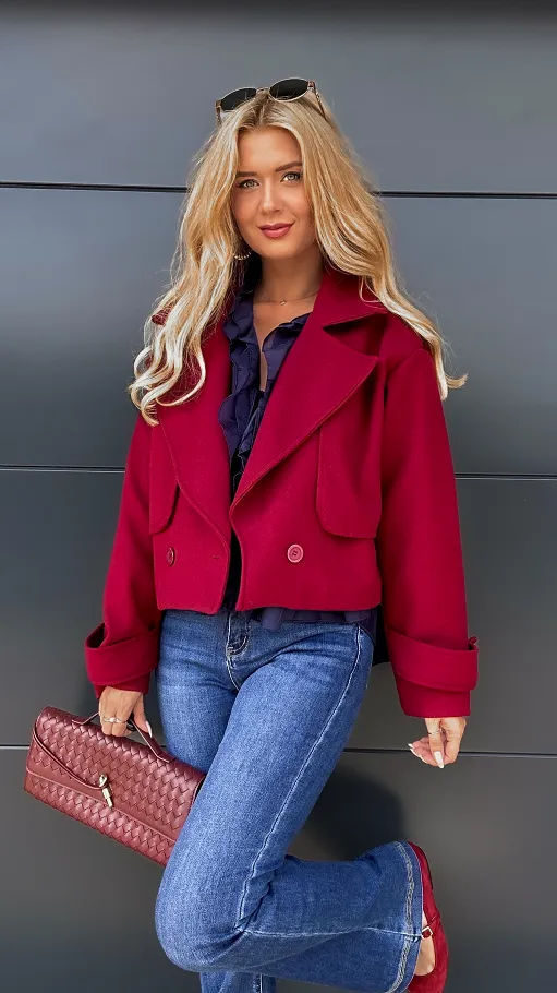 Modny pudełkowy płaszcz BORDO one size - R014A