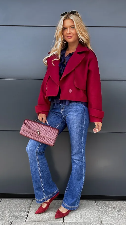 Modny pudełkowy płaszcz BORDO one size - R014A