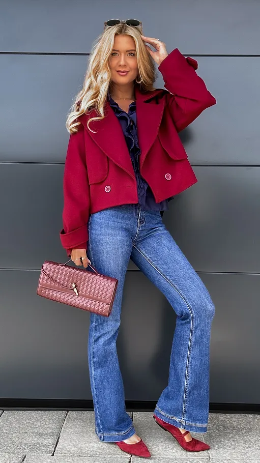 Modny pudełkowy płaszcz BORDO one size - R014A