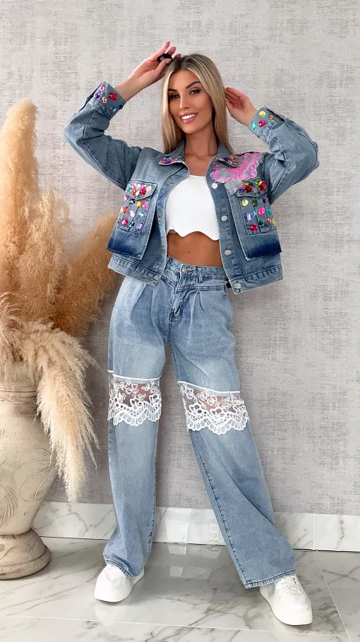 Oryginalna katana jeansowa zdobiona kolorowymi kamieniami ONE SIZE - R729