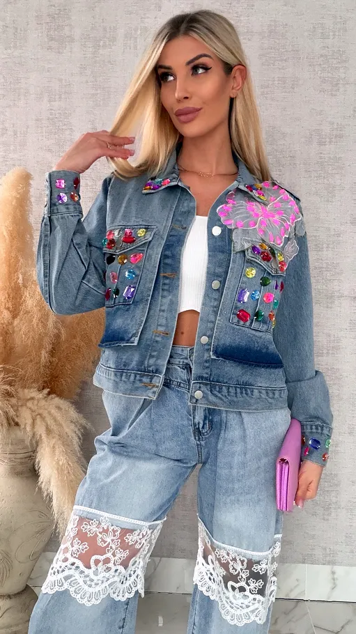 Oryginalna katana jeansowa zdobiona kolorowymi kamieniami ONE SIZE - R729