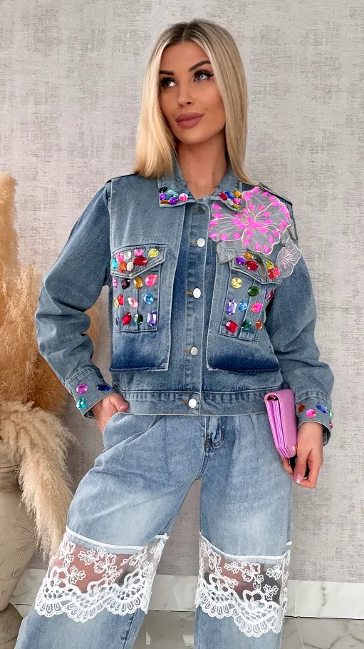 Oryginalna katana jeansowa zdobiona kolorowymi kamieniami ONE SIZE - R729