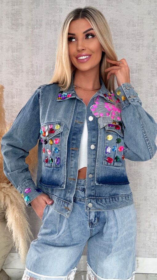 Oryginalna katana jeansowa zdobiona kolorowymi kamieniami ONE SIZE - R729