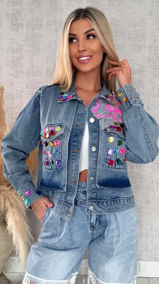 Oryginalna katana jeansowa zdobiona kolorowymi kamieniami ONE SIZE - R729