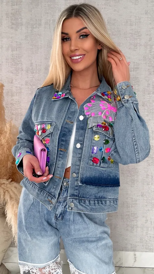 Oryginalna katana jeansowa zdobiona kolorowymi kamieniami ONE SIZE - R729