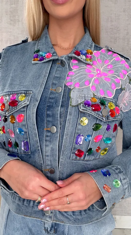 Oryginalna katana jeansowa zdobiona kolorowymi kamieniami ONE SIZE - R729