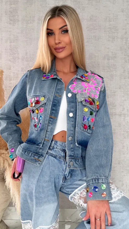 Oryginalna katana jeansowa zdobiona kolorowymi kamieniami ONE SIZE - R729