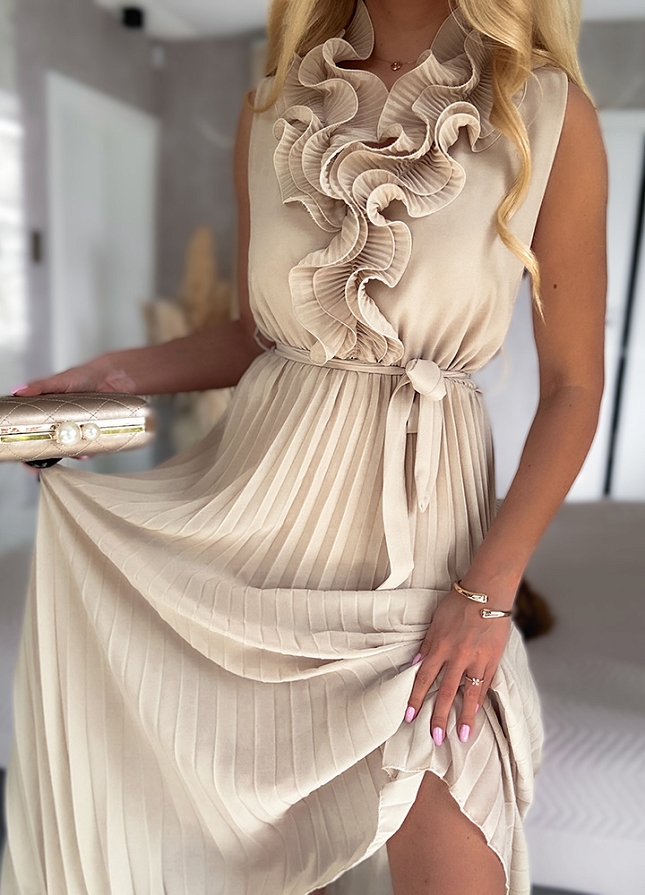Piękna MAXI sukienka z plisowaniem i ozdobnym dekoltem BEŻOWA - N106