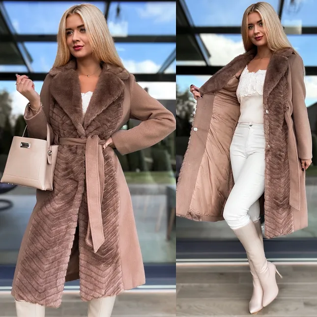 Elegancki płaszcz flauszowy z futerkiem z przodu CAMEL - R208