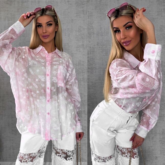 Jedwabna różowa koszula w białe róże ONE SIZE - R496