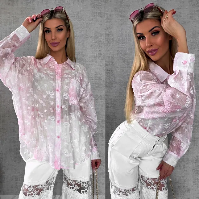 Jedwabna różowa koszula w białe róże ONE SIZE - R496