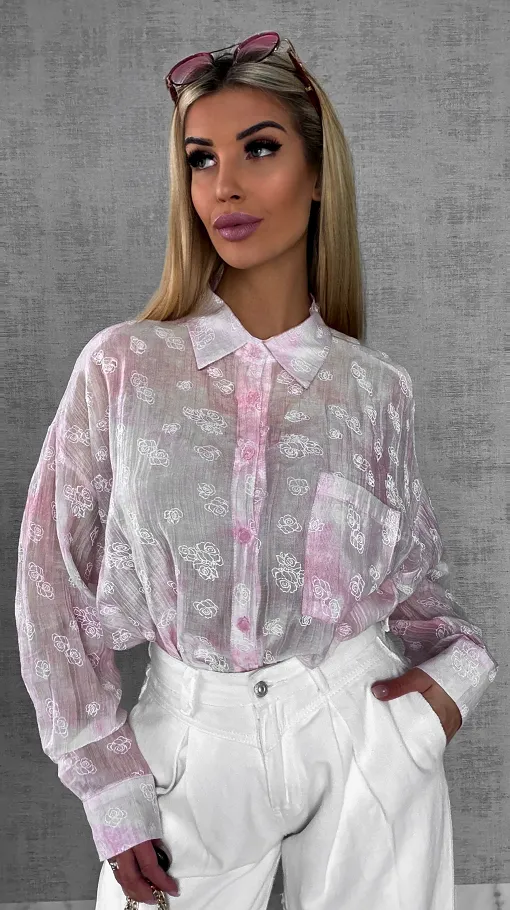 Jedwabna różowa koszula w białe róże ONE SIZE - R496