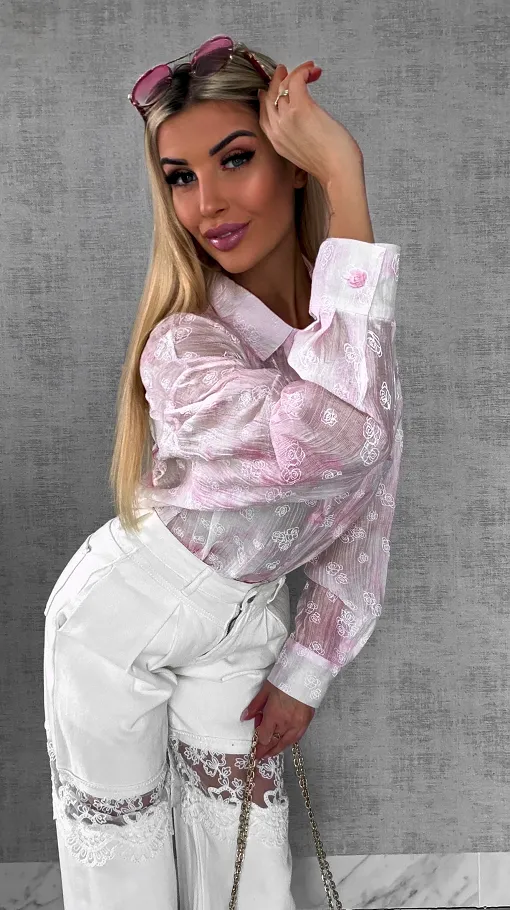 Jedwabna różowa koszula w białe róże ONE SIZE - R496