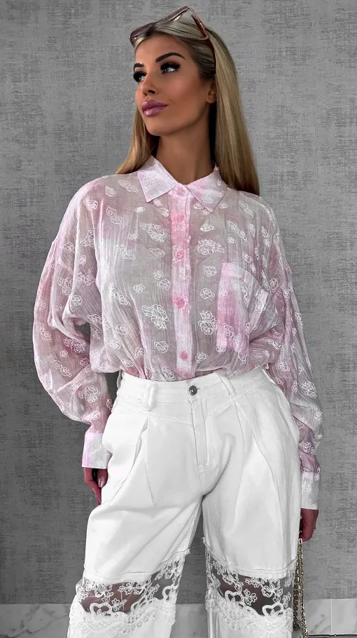 Jedwabna różowa koszula w białe róże ONE SIZE - R496